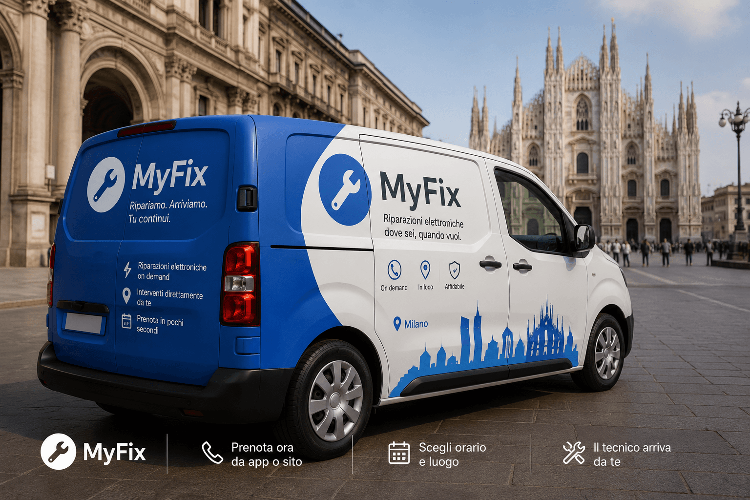 Furgone MyFix per riparazioni elettroniche a domicilio davanti al Duomo di Milano