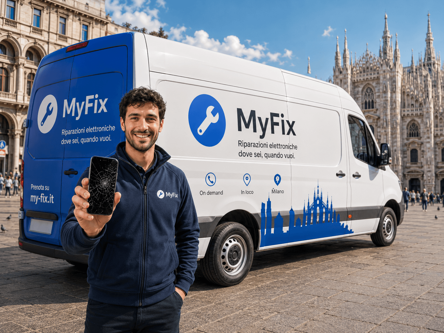 Tecnico MyFix mostra uno smartphone con schermo rotto pronto per la riparazione a domicilio a Milano